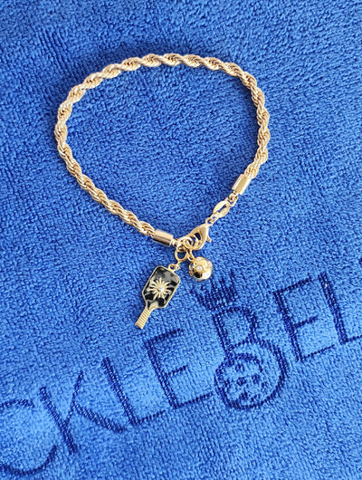 Gold Rope Chain Bracelet with removable Starburst Crystal Pickleball Paddle Charm and Crystal Pickleball Ball Charm.