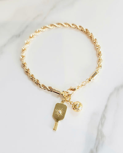 Gold Rope Chain Bracelet with removable Starburst Crystal Pickleball Paddle Charm and Crystal Pickleball Ball Charm.