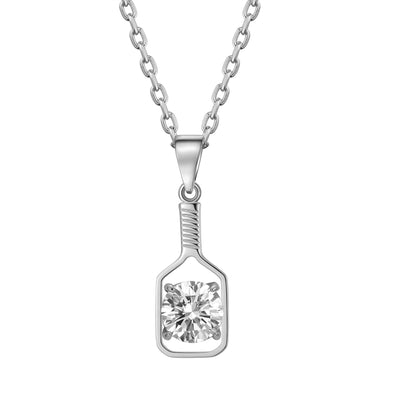 Pickleball FINE Diamond Solitaire Solid 14K WHITE Gold Paddle Necklace