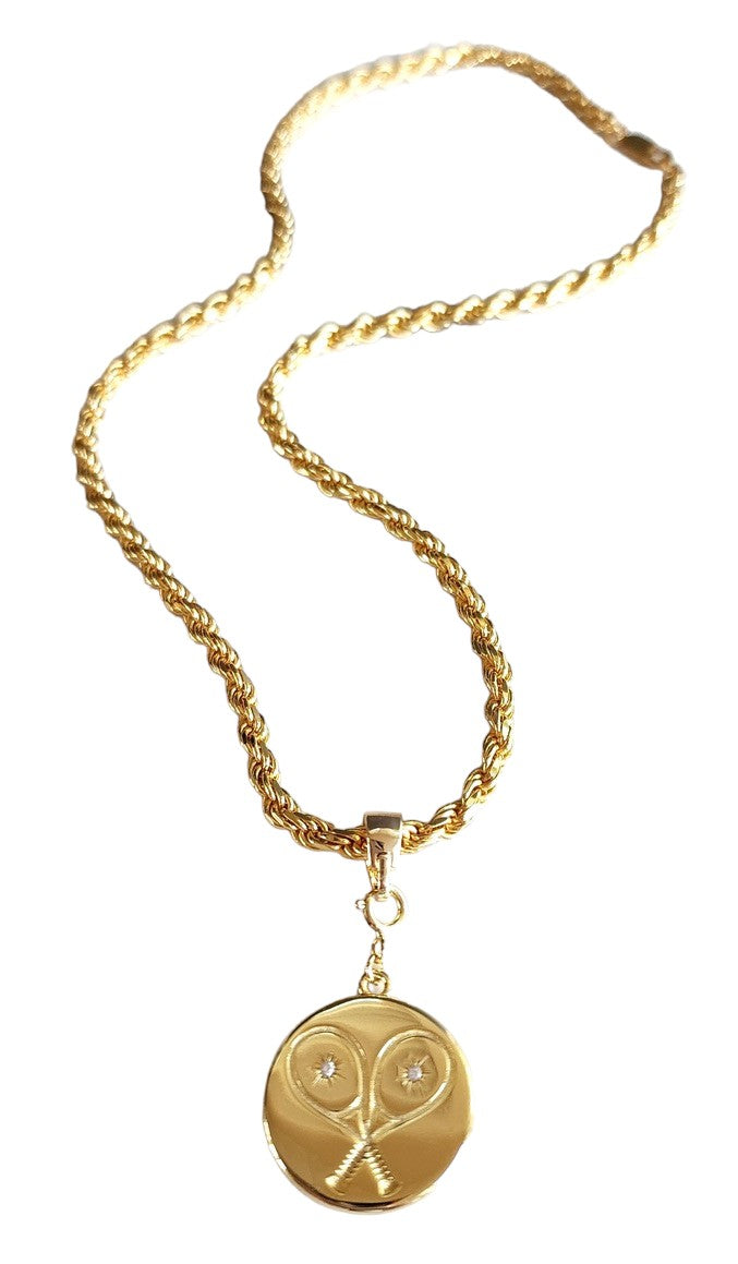 Tennis Heart Disc Necklace with Gold Rope Chain and crystals.