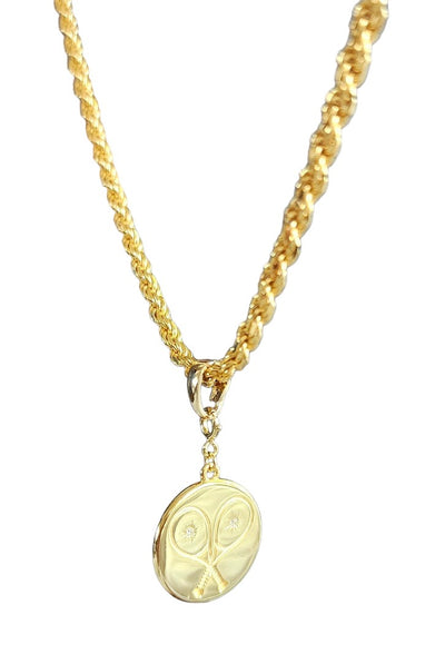 Tennis Heart Disc Necklace with Gold Rope Chain and crystals.