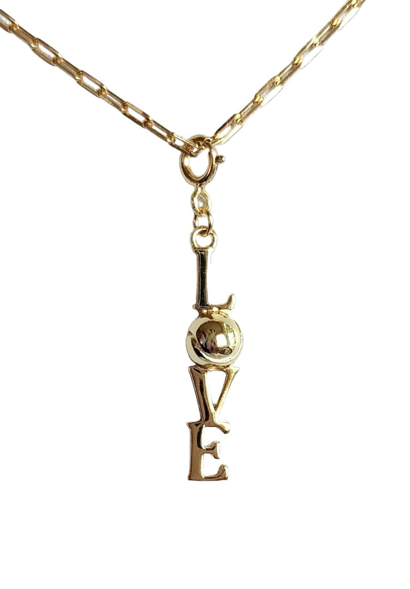Tennis LOVE Pendant Necklace Gold with stacked letter LOVE charm with a tennis ball standing in for the O