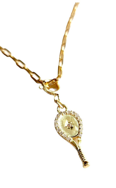 LoveMatch Tennis Racquet Charm Bracelet in Gold featuring a delicate tennis racquet pendant with sparkling crystal all around and an impact center stone hangs from a chic, modern paper clip style chain - 16" with a 2" extender.