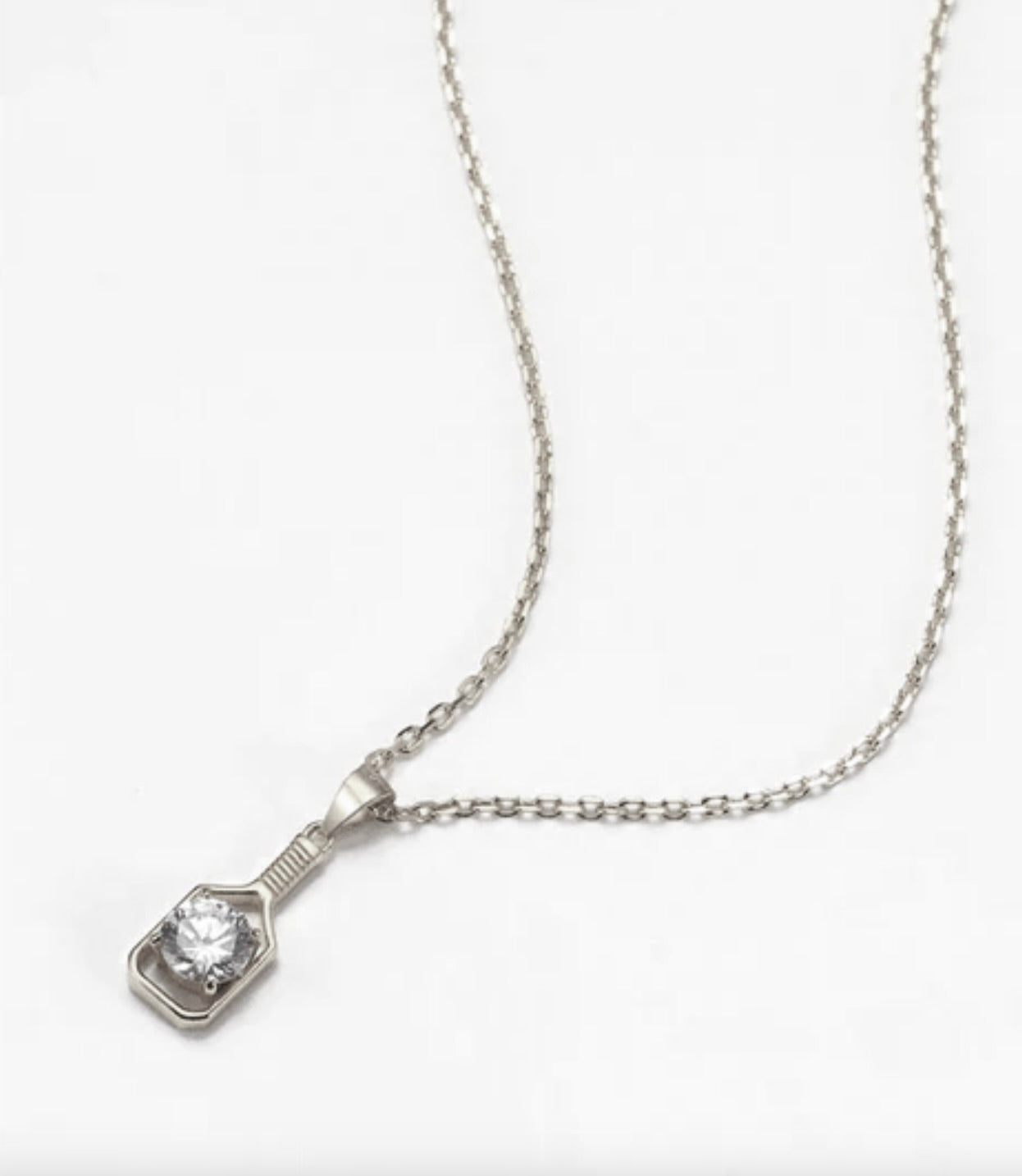 Pickleball FINE Diamond Solitaire Solid 14K WHITE Gold Paddle Necklace