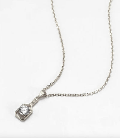 Pickleball FINE Diamond Solitaire Solid 14K WHITE Gold Paddle Necklace