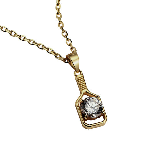 Pickleball Diamond Solitaire FINE Solid 14K Gold Paddle Necklace