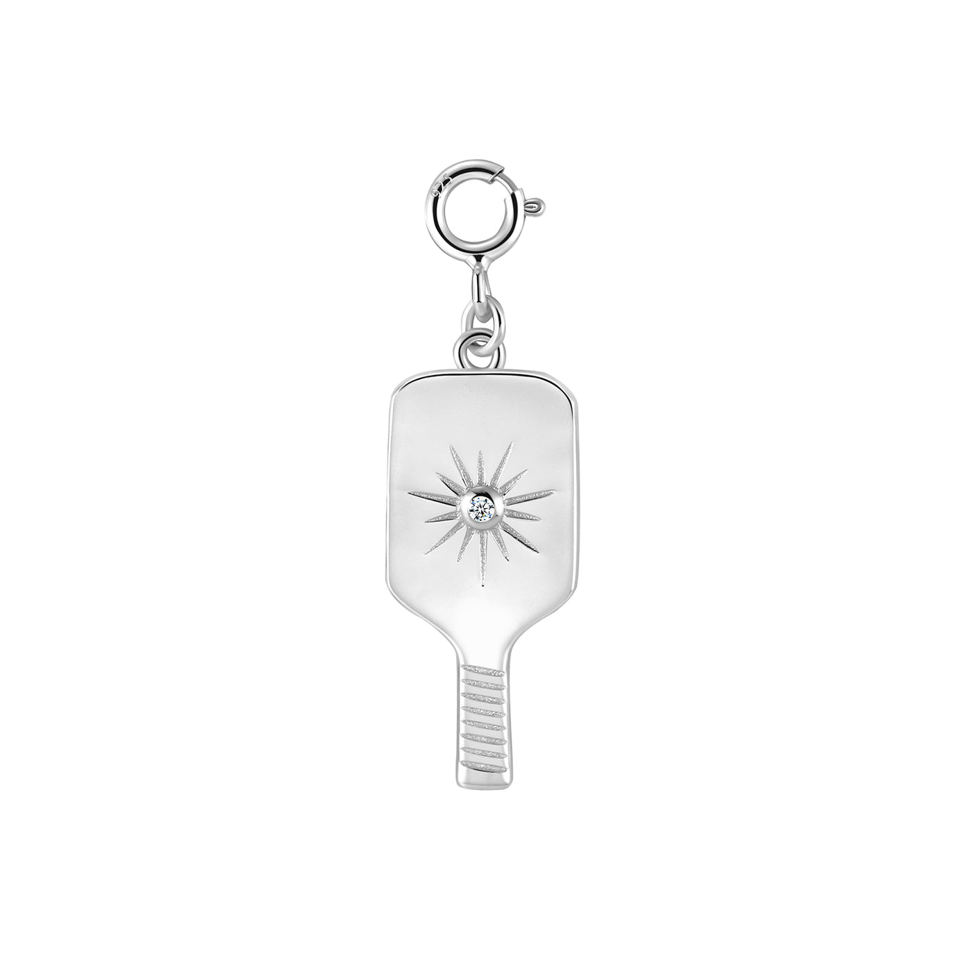 Silver Pickleball Dainty Paddle Pendant Charm. This elegant charm features a realistic pickleball paddle in sterling silver with a protective Rhodium plating charm with a crystal-centered starburst design. Spring clip allows you to attach this to your favorite necklace or bracelet, or anywhere you can think of!