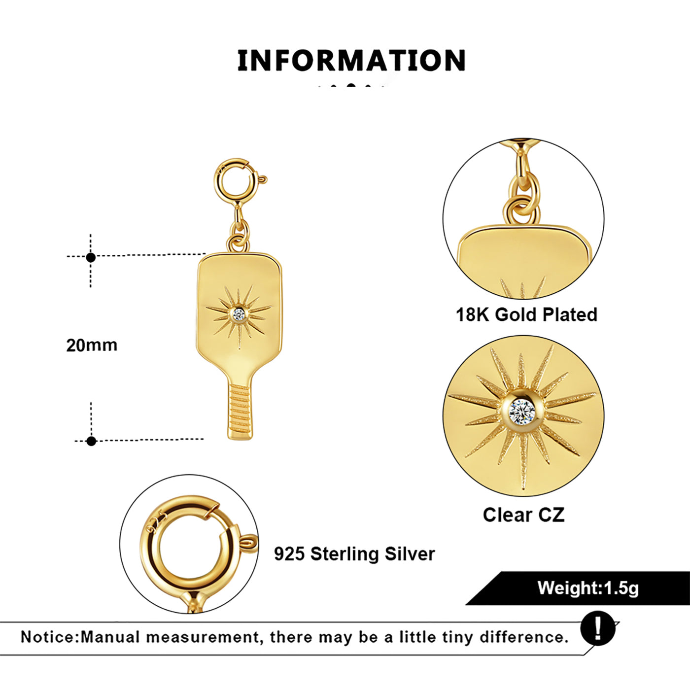 Gold Pickleball Dainty Paddle Pendant Charm. This elegant charm features a realistic pickleball paddle in a 18k gold overlaid on a solid sterling silver charm with a crystal-centered starburst design. Spring clip allows you to attach this to your favorite necklace or bracelet, or anywhere you can think of!