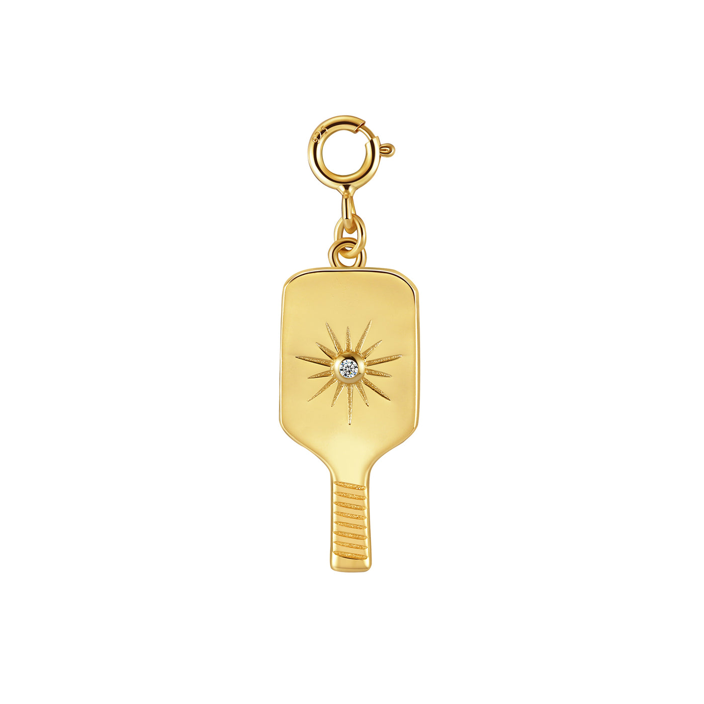 Gold Pickleball Dainty Paddle Pendant Charm. This elegant charm features a realistic pickleball paddle in a 18k gold overlaid on a solid sterling silver charm with a crystal-centered starburst design. Spring clip allows you to attach this to your favorite necklace or bracelet, or anywhere you can think of!