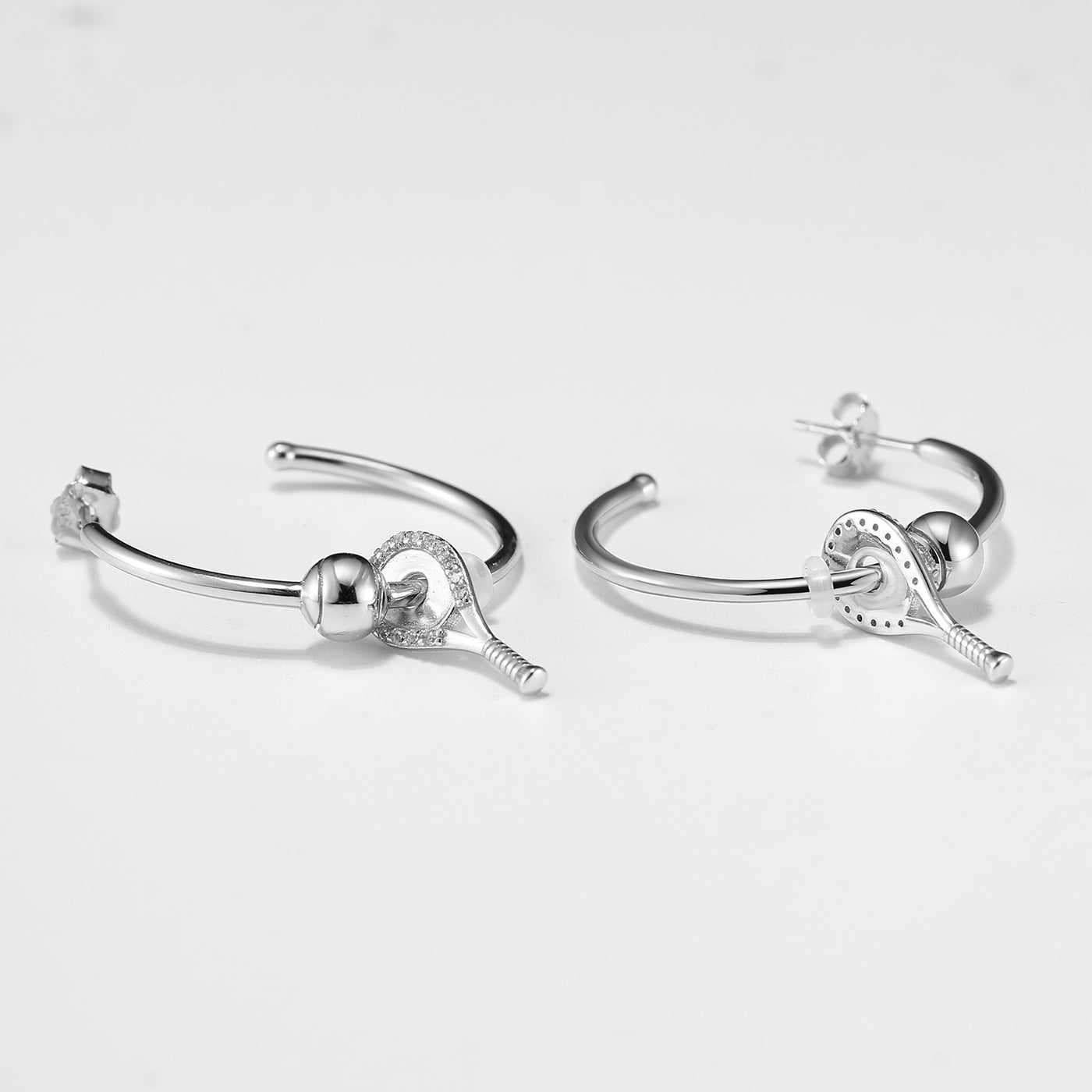 Silver Tennis Hoop Earrings with Crystal Racquet and Ball.