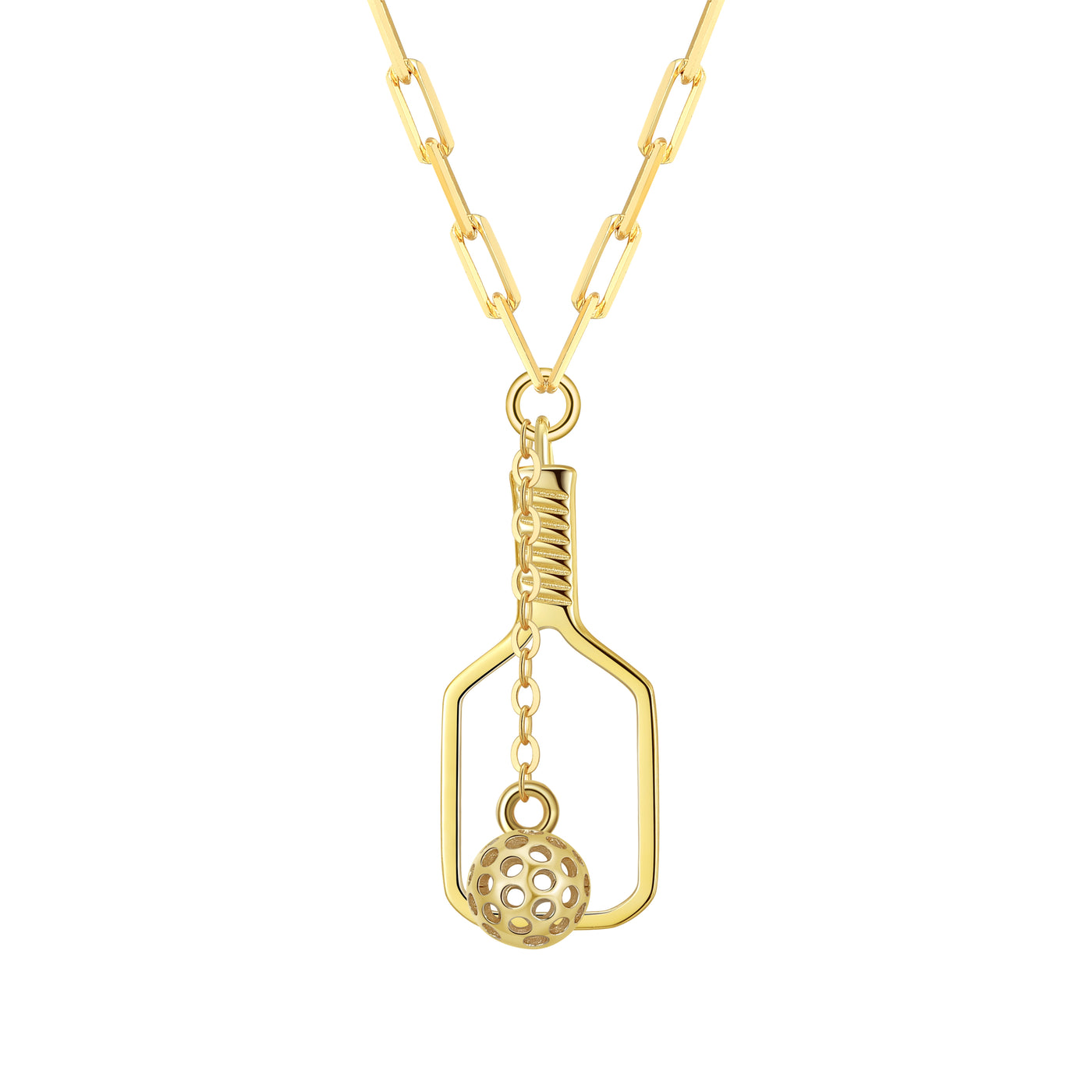 Pickleball The Mini Volley Necklace Gold. A delicate but perfect 18mm paddle pendant with a swinging pickleball charm suspends off of a dainty clip chain. This can be worn as a choker at 15” and can extend to 17”.Made from sustainably sourced Sterling Silver with a thick 14k &amp; gold overlay, comes on a delicate but sturdy clip chain that adds a touch of contemporary style.