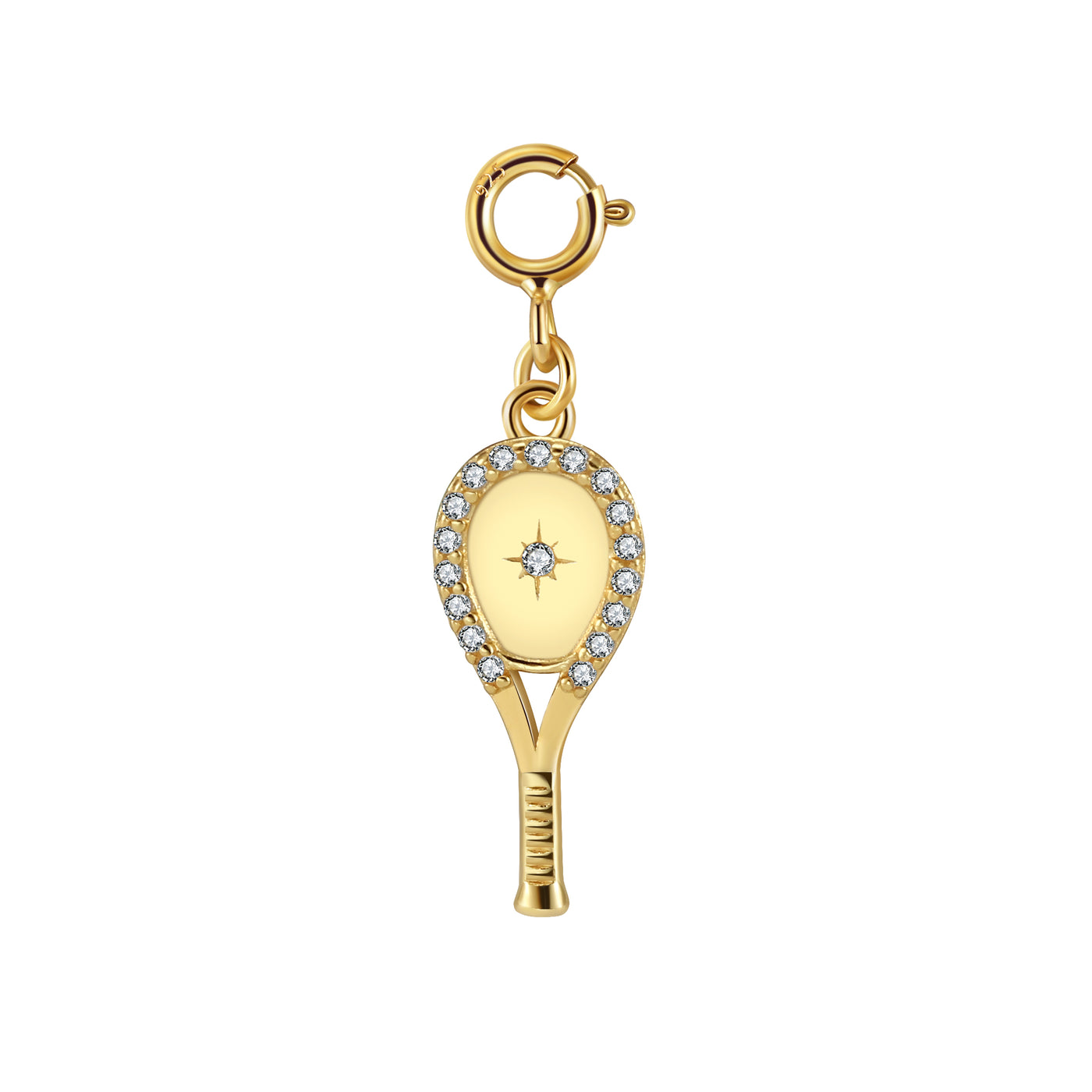 LoveMatch Tennis Racquet Charm Bracelet in Gold featuring a delicate tennis racquet pendant with sparkling crystal all around and an impact center stone hangs from a chic, modern paper clip style chain - 16" with a 2" extender.