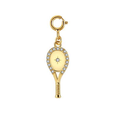 Lovematch Gold Tennis Racquet Necklace featuring a delicate tennis racquet pendant with sparkling crystal all around and an impact center stone hangs from a chic, modern paper clip style chain - 16" with a 2" extender.