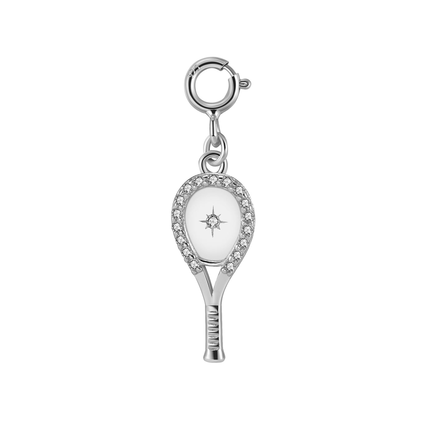 Tennis Racquet Necklace in Silver featuring a delicate tennis racquet pendant with sparkling crystal all around and an impact center stone hangs from a chic, modern paper clip style chain - 16" with a 2" extender.