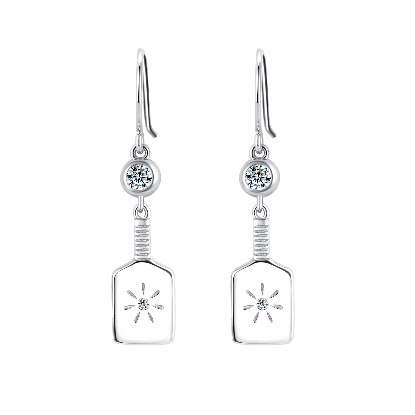PickleBelle Paddle Drop Earrings in Sterling Silver. Features a dangling paddle below a sparkling crystal. Paddle even has a tiny stone and burst in the center reminiscent of a good hit on that sweet spot! These earrings dangle and are Sterling Silver with a protective rhodium plating.