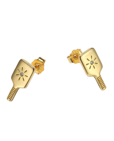 Fine Pickleball Paddle Solid 14k Gold Stud Earrings with Diamonds. Featuring pair of perfect Petite pickleball Paddle Stud Earrings in solid 14k Gold with a dainty diamond impact burst