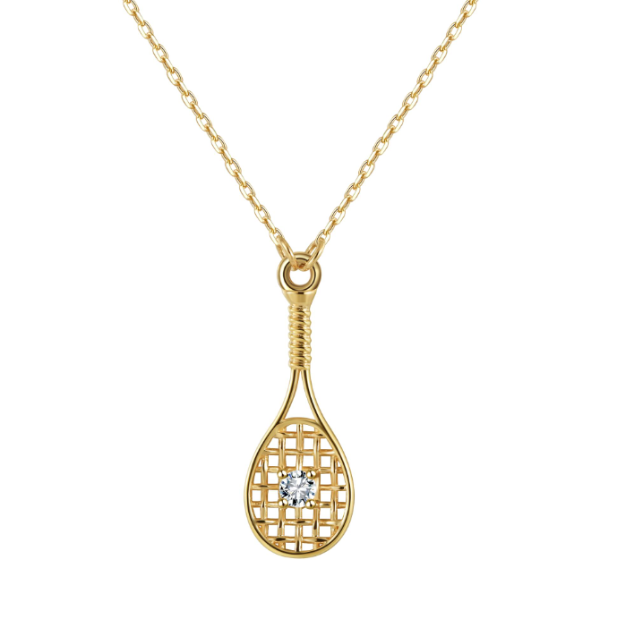 Solid Gold and Diamond Fine Tennis Necklace featuring a 15mm solid gold and detailed tennis racquet set with a brilliant diamond 'ball' in the center.
