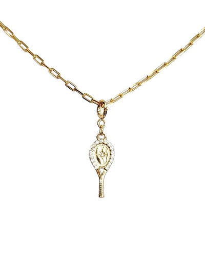 Lovematch Gold Tennis Racquet Necklace featuring a delicate tennis racquet pendant with sparkling crystal all around and an impact center stone hangs from a chic, modern paper clip style chain - 16" with a 2" extender.