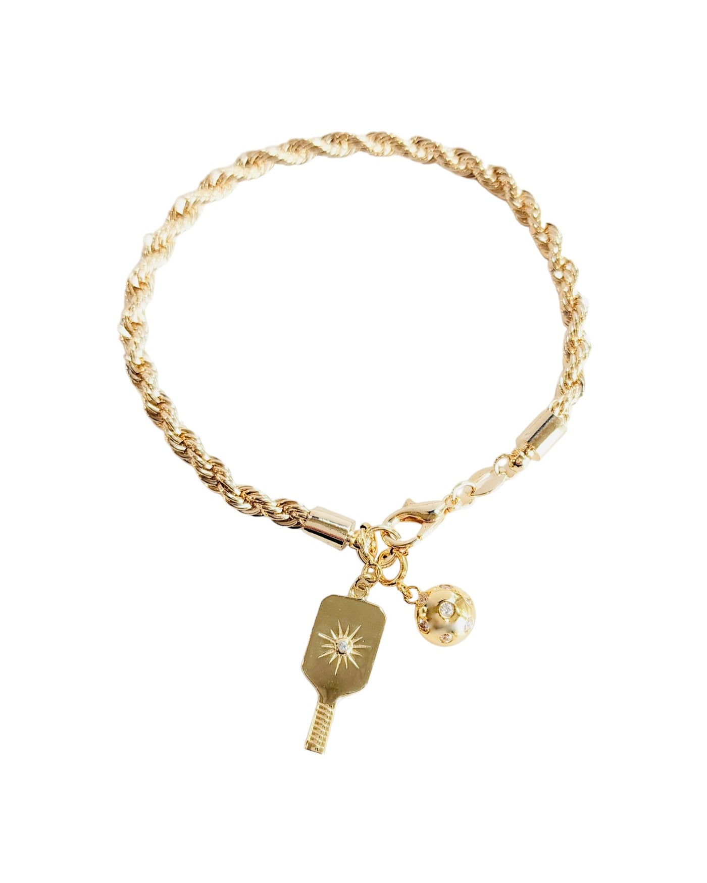 Gold Rope Chain Bracelet with removable Starburst Crystal Pickleball Paddle Charm and Crystal Pickleball Ball Charm.