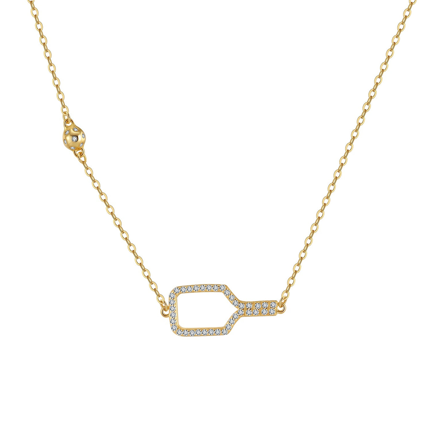 Pickleball Bella Bling Gold Necklace. Made from 18k gold plated over sterling silver with top quality CZ stones set around the paddle. The pickleball charm sits further up the necklace. We have added a delicate chain for elegance, and have added 2" of extender chain so you can wear this between 15" and 17".