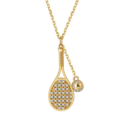 LoveMatch Gold Tennis LOVE PLUS Dainty Necklace featuring a detailed tennis racket, then added a tennis ball on a chain to 'swing' with every step, added some sparkling crystals for extra bling!