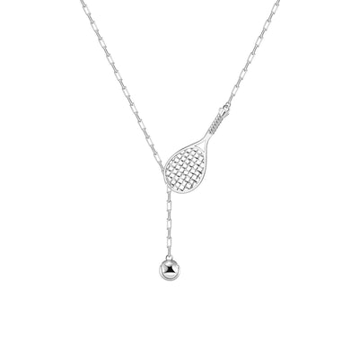 Lovematch Designs Silver Lariat Necklace featuring a tennis racquet with  tennis ball that feeds through racquet and hangs elegantly. Adjustable Chain Length.