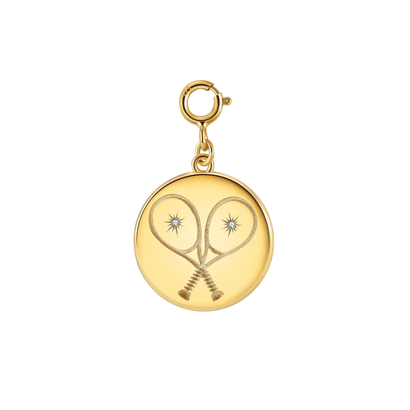 Chic Gold Tennis Heart Disc Pendant Charm featuring  double sided pendant charm with 2 racquets creating a 'heart' with impact crystal inside each and our LoveMatch insignia on the reverse with a sparkling crystal center. 