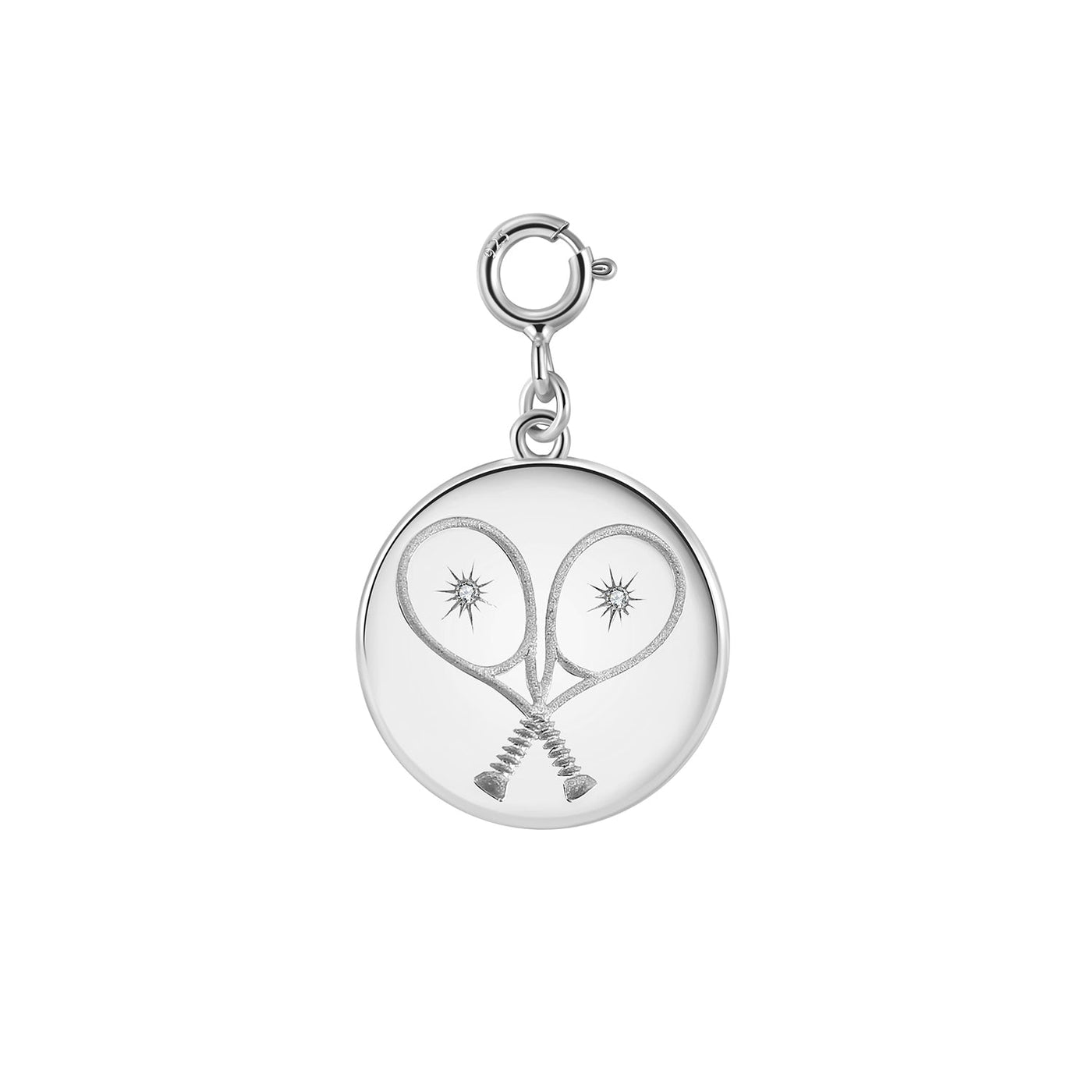 Chic Silver Tennis Heart Disc Pendant Charm featuring  double sided pendant charm with 2 racquets creating a 'heart' with impact crystal inside each and our LoveMatch insignia on the reverse with a sparkling crystal center. 
