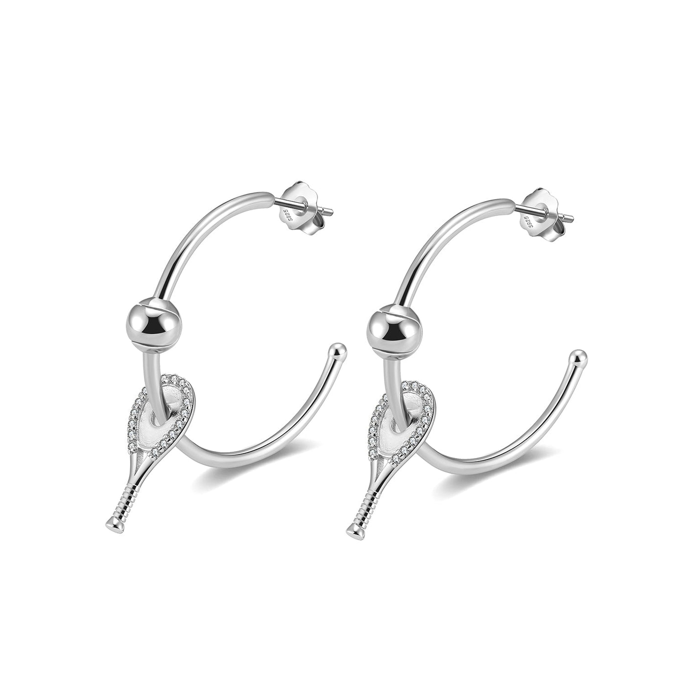 Silver Tennis Hoop Earrings with Crystal Racquet and Ball.