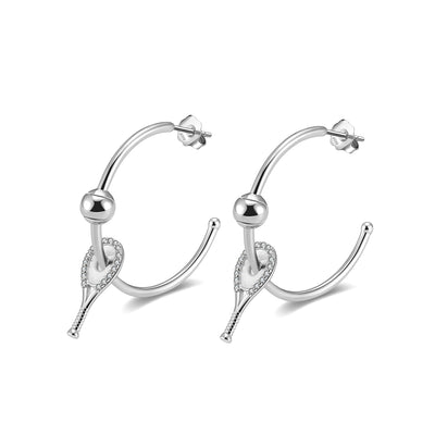 Silver Tennis Hoop Earrings with Crystal Racquet and Ball.