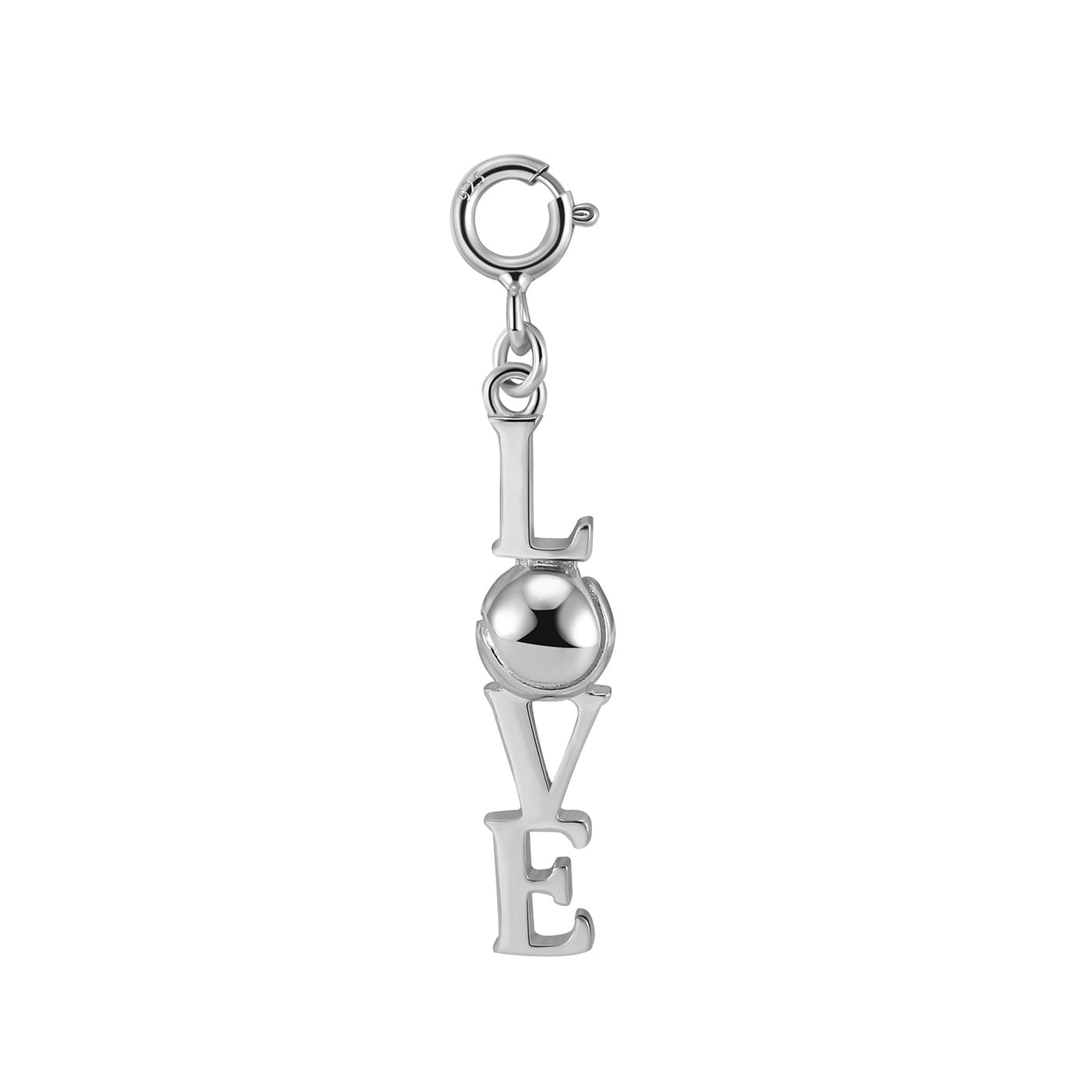 Silver tennis charm featuring the words "LOVE" stacked vertically with a tennis ball for the O.