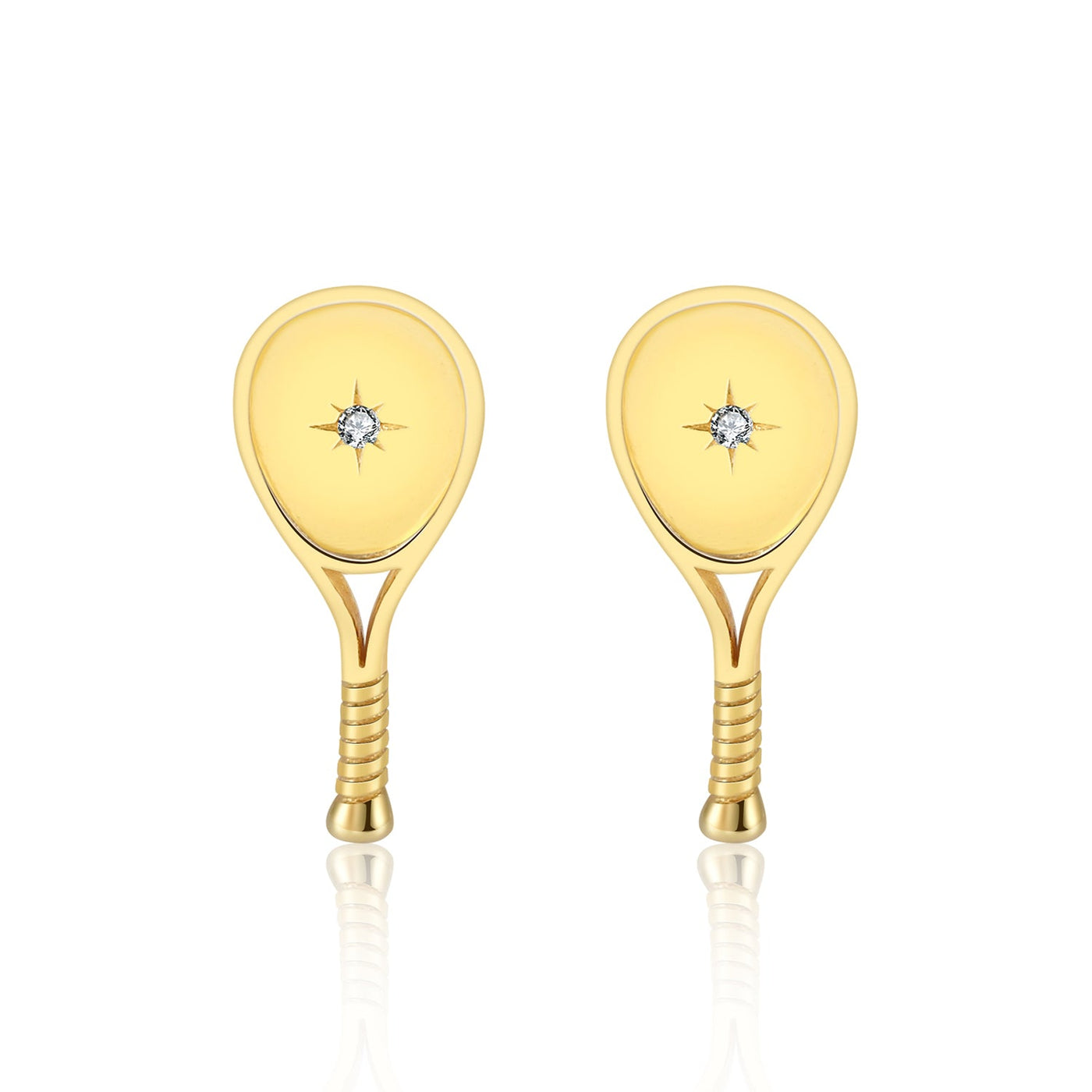 LoveMatch Gold Tennis Racquet Stud Earrings.  Featuring A classic racquet shape with a set crystal and impact starburst design. 15mm long.