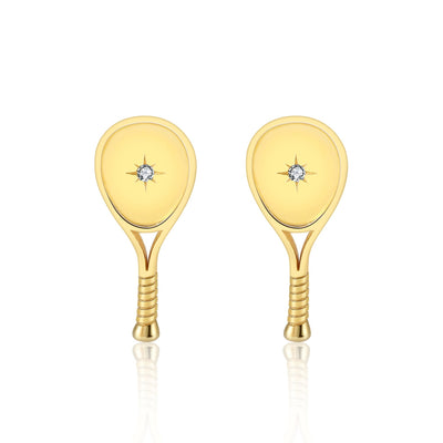 LoveMatch Gold Tennis Racquet Stud Earrings.  Featuring A classic racquet shape with a set crystal and impact starburst design. 15mm long.