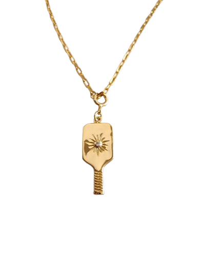 Gold Necklace with removable Pickleball Starburst Crystal Paddle Charm