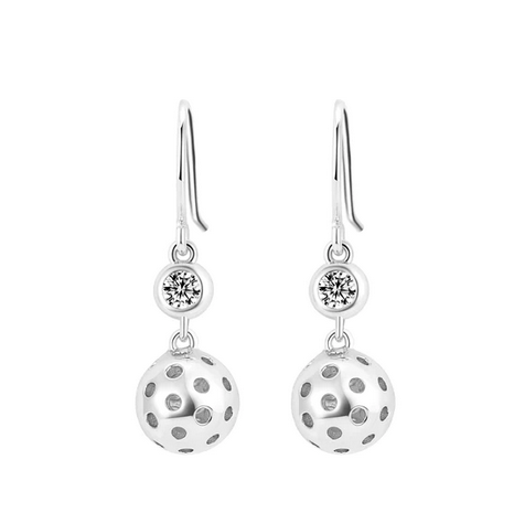 Pickleball Baby Belle Silver Drop Earrings. A perfect little gold pickleball swings happily beneath a sparkly crystal in these earrings that are almost as fun as a game of Pickleball! Made from sterling silver with a protective rhodium plating