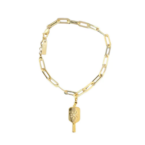 Pickleball Paddle Charm Gold Bracelet features modern clip chain bracelet that is paired with a removable gold pickleball paddle charm. Beautiful detail, subtle and playful. Made from 18k gold over sterling silver.  7.5" with an extender chain.