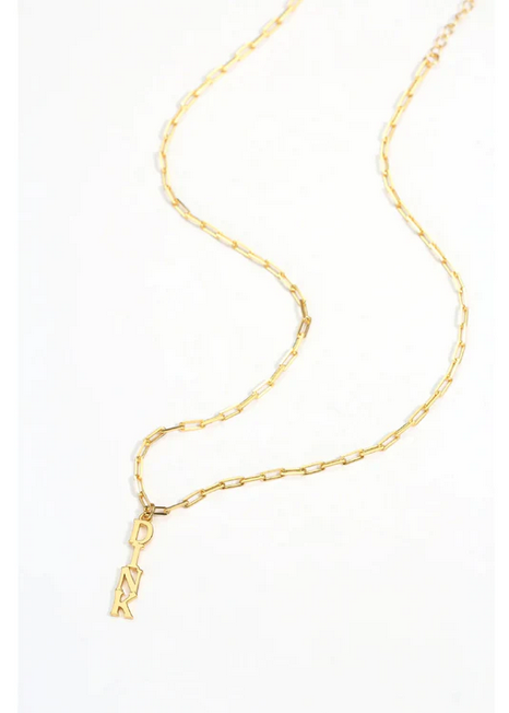 Pickleball Dinks on Me Necklace in Gold. Made from sustainably sourced Sterling Silver with a 14k gold overlay. Comes on a delicate but sturdy clip chain that adds a touch of contemporary style.DINK spelled out in a line make a whimsical pendant off our clip chain necklace that can adjust from 16.5 - 18.